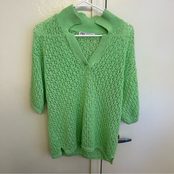 Zara Women’s Green Knit Collared Sweater Top Size L - Picture 6 of 8